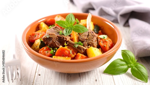 Hearty stew of meat and vegetables served in a rustic bowl