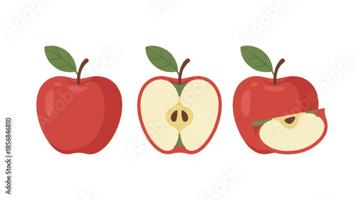 A delicious red cartoon apple with a sweet smile and a featuring a green leaf and organic seeds creates a healthy vector illustration of ripe juicy fruit for a natural diet symbol