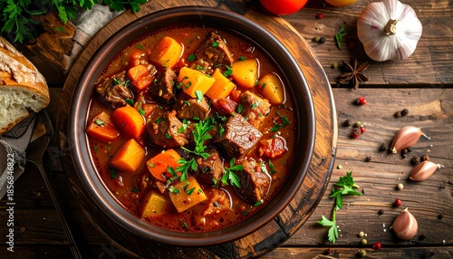 Hearty stew served in a rustic bowl on a wooden surface with ingredients
