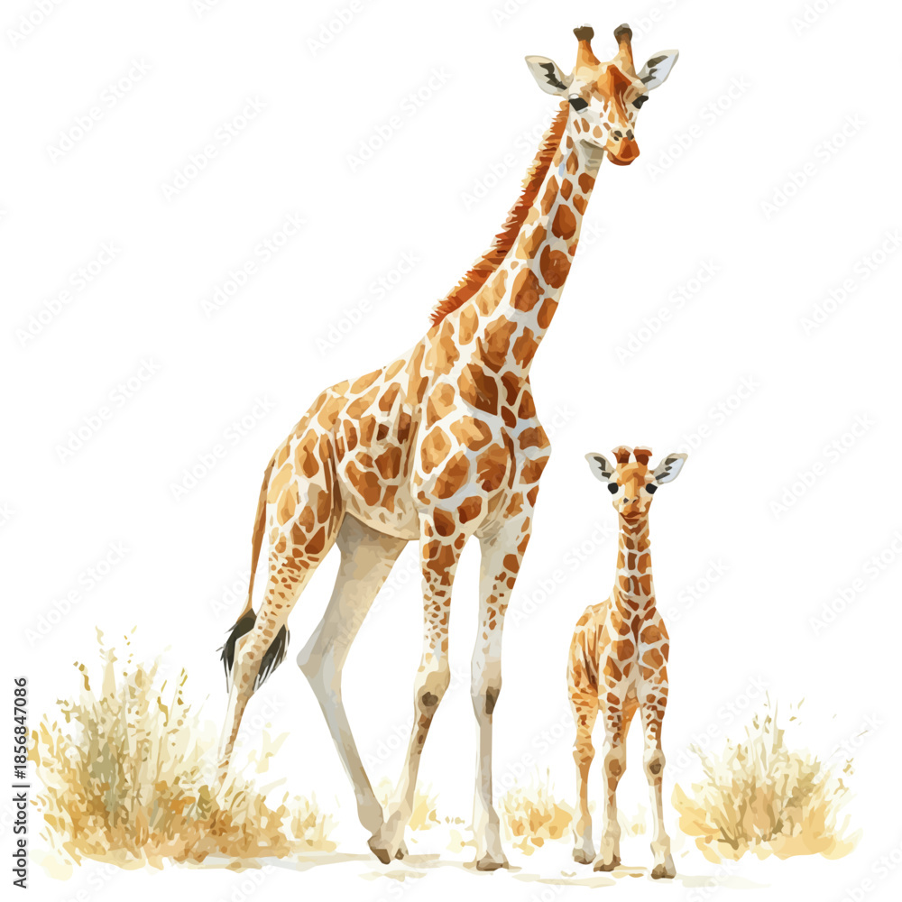 Fototapeta premium watercolor of Giraffe Mother Walking Calmly draw illustration, isolated on a white background.
