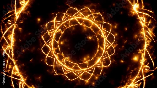 Supernatural fire ring forming itself layer by layer with burning runic symbols around the perimeter, cinematic 4k render.