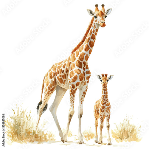 watercolor of Giraffe Mother Walking Calmly draw illustration, isolated on a white background.