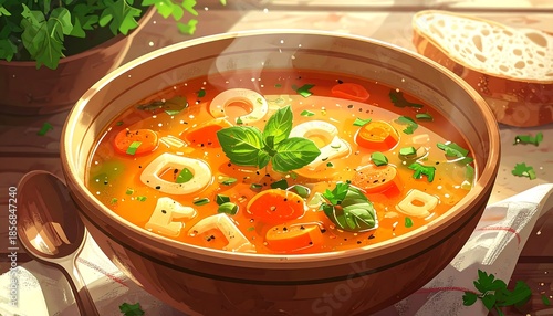 Hearty vegetable soup in wooden bowl with bread and fresh herbs