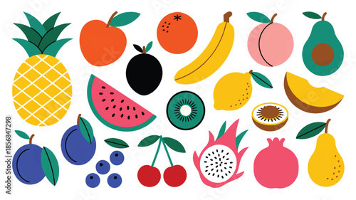 Seamless vector illustration set featuring a healthy collection of cartoon fruits and berries including apple, strawberry, banana, and pineapple in a sweet pattern