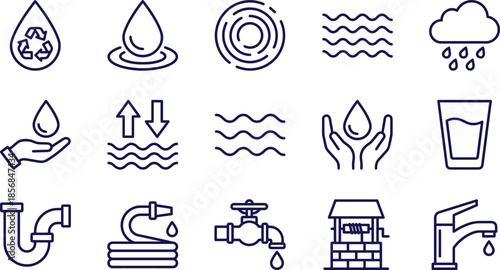 Water line icons for plumbing, recycling, ecology, conservation, plumbing pipes, faucets, rain clouds, hydration, water wells, waves, and environmental sustainability.