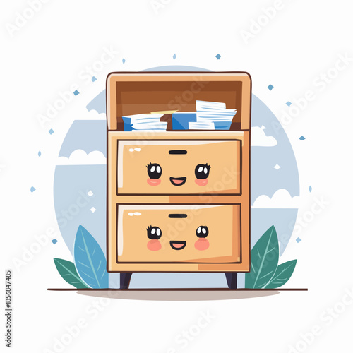 Cute cartoon filing cabinet with smiling drawers and papers