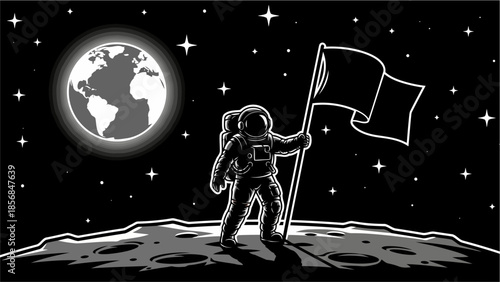 Monochrome astronaut holding flag on planet surface with earth in space background
