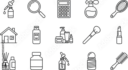 Cosmetic line icons for beauty products, skincare routines, makeup tools, hair care, perfume, lipstick, serums, facial treatments, grooming, and wellness.