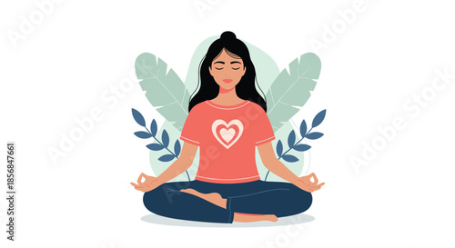 Serene woman practicing meditation in the lotus position with eyes closed, promoting mindfulness and self-care, with a heart symbol and botanical leaves.