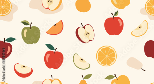Colorful seamless vector pattern featuring a variety of fresh fruits, including red and green apples, apple slices, and citrus oranges, on a light background.