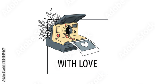 Charming hand-drawn illustration of a vintage instant camera printing a photo with a heart, framed with botanical elements and the text With Love.