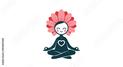 Whimsical illustration of a person in a lotus yoga pose with a large pink flower head and a glowing heart, symbolizing self-love, growth, and mindfulness.