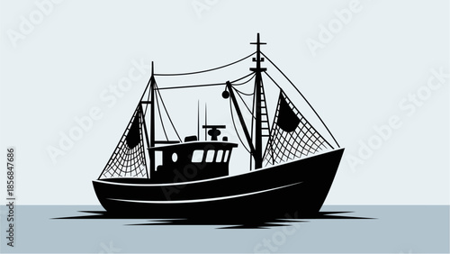 Silhouette of a fishing boat with rigging, mast, and nets against a plain background