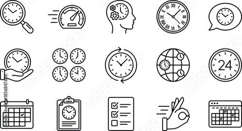 Time management line icons for productivity tracking, scheduling, deadlines, fast service, global time zones, calendar planning, efficiency, clock symbols, and workflow.