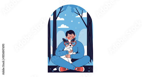 Heartwarming illustration of a person and their pet dog sharing a loving hug in a tranquil forest at night, with the dog wearing heart-shaped sunglasses.