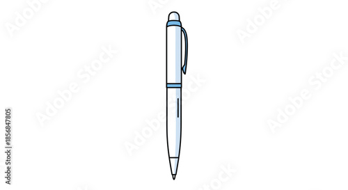 Minimalist cartoon illustration of a simple silver and blue ballpoint pen with a clip, isolated on a clean white background for office or school supplies.