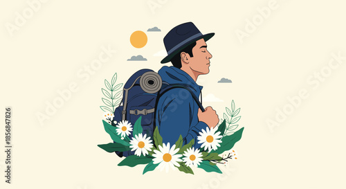Serene illustration of a young male traveler with a backpack and hat, closing his eyes peacefully, surrounded by daisies against a calm, sunny background.