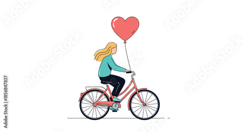Minimalist illustration of a woman with blonde hair riding a pink bicycle, holding the string of a large, red, heart-shaped balloon that floats behind her.