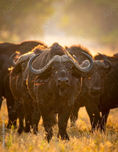 Herd of African buffalo in the golden light of the setting sun