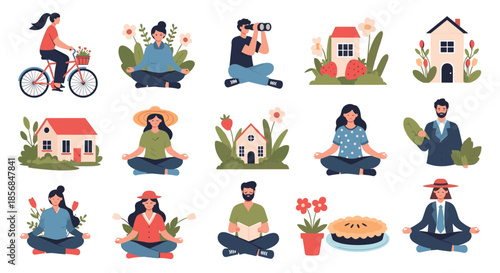 Large collection of lifestyle icons featuring people enjoying slow living, meditating, reading, and relaxing at home in the countryside with nature elements.
