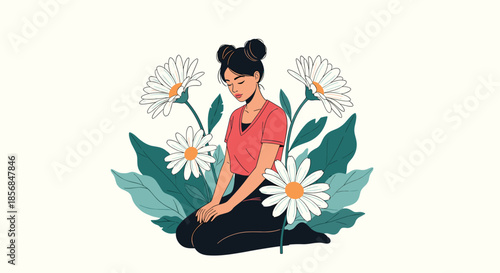 Beautiful and serene illustration of a young woman with her hair in buns, kneeling peacefully among large, blooming daisy flowers and green leaves.