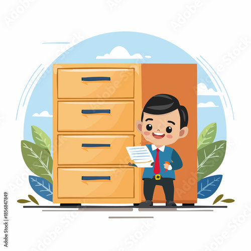 Smiling office worker with file cabinet and documents in hand
