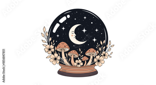 Magical crystal ball illustration containing whimsical mushrooms, flowers, and a smiling crescent moon against a starry night sky, perfect for mystical designs.