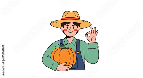 Friendly cartoon farmer wearing a straw hat and overalls, holding a large pumpkin and giving an okay hand gesture, representing a successful harvest.
