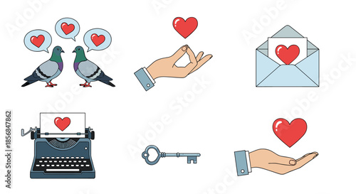 Collection of six romantic and love-themed line art icons, including love birds, hands holding a heart, a love letter, a vintage typewriter, and a key.