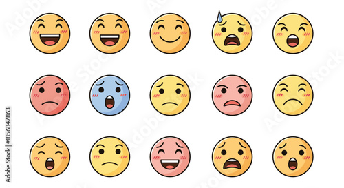 Large set of colorful and expressive cartoon emoji faces showing a wide range of emotions, from happy and laughing to sad, angry, and surprised.