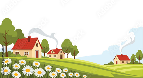 Idyllic cartoon countryside landscape with cozy houses, rolling green hills, lush trees, and a field of daisies, with smoke coming from the chimneys.