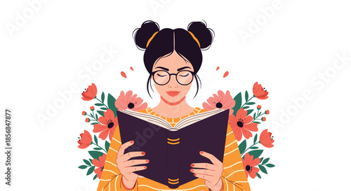 Beautiful illustration of a young woman with glasses and hair in buns, deeply absorbed in reading a book, surrounded by lovely pink and orange flowers.