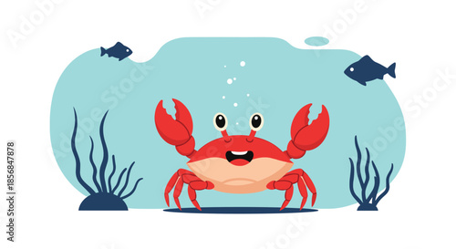 Joyful cartoon crab smiling happily underwater, surrounded by fish and seaweed, with bubbles rising to the surface, creating a cheerful ocean scene.