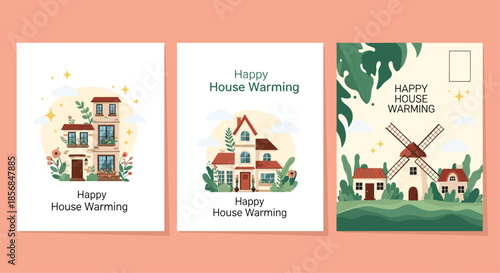 Set of three charming 'Happy House Warming' greeting cards featuring cozy houses, a windmill, and beautiful floral and nature elements in a soft color palette.
