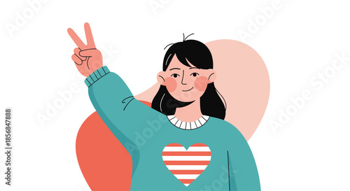 Cheerful young woman in a sweater with a striped heart, smiling and making a peace sign gesture, expressing positivity, joy, and self-love.