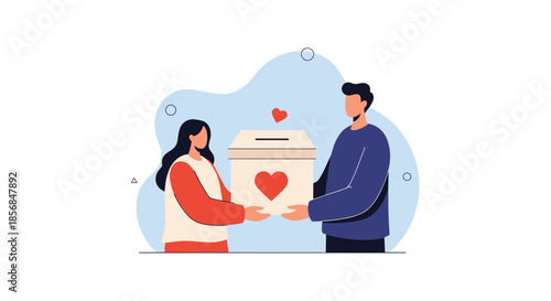 Man and woman holding a donation box with a heart symbol, representing charity, volunteering, and kindness within the community, shown in a modern flat style.