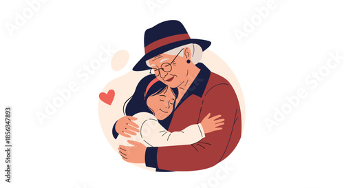 Tender and heartwarming illustration of a loving grandmother in a hat, warmly embracing her young granddaughter, with a floating heart symbolizing their bond.