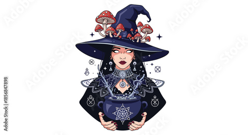 Stunningly detailed illustration of a beautiful, mysterious witch with white eyes, a mushroom-adorned hat, and intricate jewelry, holding a bubbling cauldron.