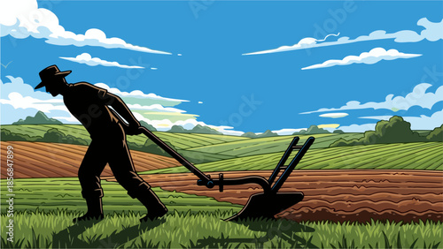 Silhouette of a farmer plowing a field with a manual plow, under a bright blue sky with scattered clouds, in a vintage illustration style