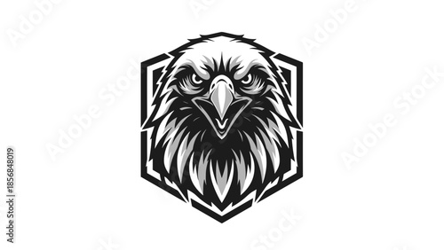 Detailed black and white illustration of an eagle's head with a fierce expression, enclosed in a geometric shield shape, facing forward.