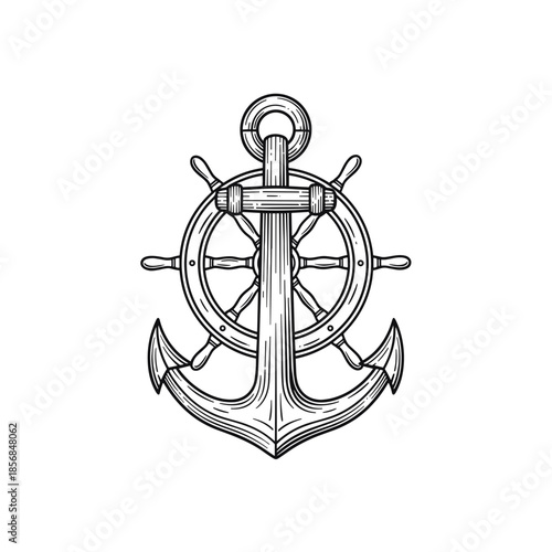 Vintage style nautical anchor and ship's wheel illustration, hand-drawn in black and white, symbolizing maritime adventure and stability.
