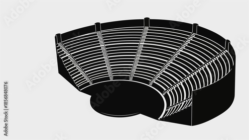 Abstract line art illustration of a modern amphitheater seating arrangement, black and white graphic design