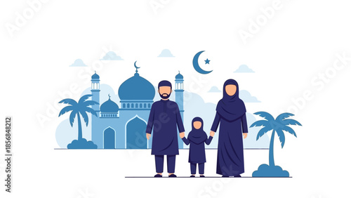 Joyful Muslim family celebrates the sacred month of Ramadhan, standing united before a beautiful mosque, an illustration of peace, faith, and cultural traditions