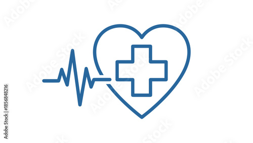 Blue heart with medical cross and heartbeat line on a clean white background, symbolizing health and care.