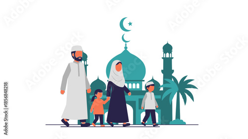 Ramadhan celebration with Muslim family walking towards mosque with crescent moon and palm trees illustration