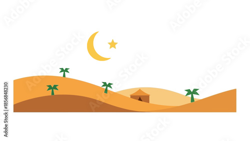 A serene desert landscape under a crescent moon and star, symbolizing the spiritual journey and peaceful contemplation during the holy month of ramadhan