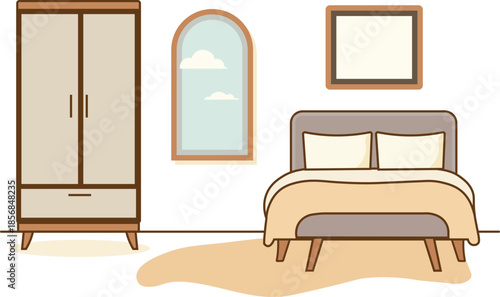 Minimalist bedroom interior with modern furniture and a peaceful window view