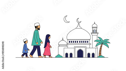 Illustration of a Muslim family walking towards a mosque during Ramadhan