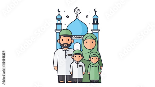 Joyful Muslim family celebrating Ramadhan with children in front of a traditional mosque, embracing togetherness and cultural values during the holy month of fasting and prayer