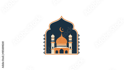 Serene mosque icon illustration with crescent moon and stars, embodying the spirit of Ramadhan, prayer, and cultural devotion in a stylized design